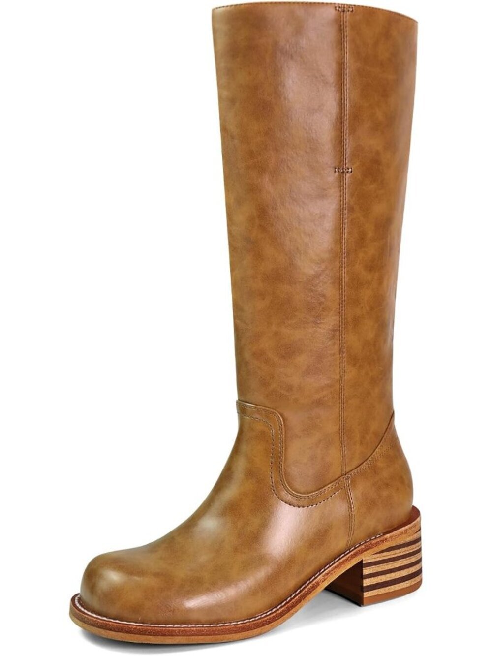 Women's Brown Low Heel Square Toe Solid Chunky Block Heel Long Knee High Boot